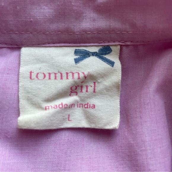 Tommy Girl Oxford Button Up L Pink Lilac White Elbow Patches Tab Sleeves Lace - Picture 9 of 11